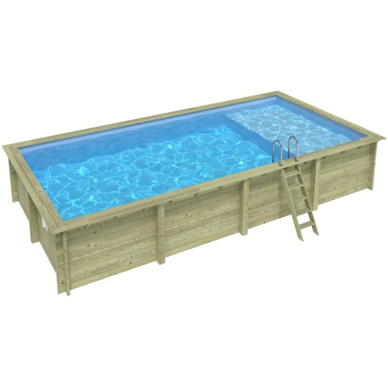 Zwembad AQUA 8.5 x 4.35 – H.1.45 m met strand, lichtblauw, met beugels vastgeschroefd aan beton