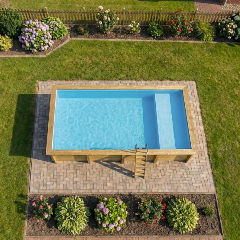 Zwembad AQUA 8.5 x 4.35 – H.1.45 m met strand, lichtblauw, met beugels vastgeschroefd aan beton