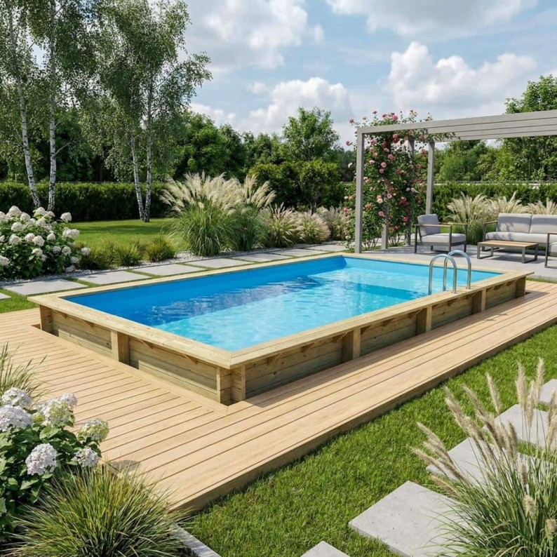Zwembad AQUA 8.5 x 4.35 – H.1.45 m met strand, lichtblauw, met beugels vastgeschroefd aan beton