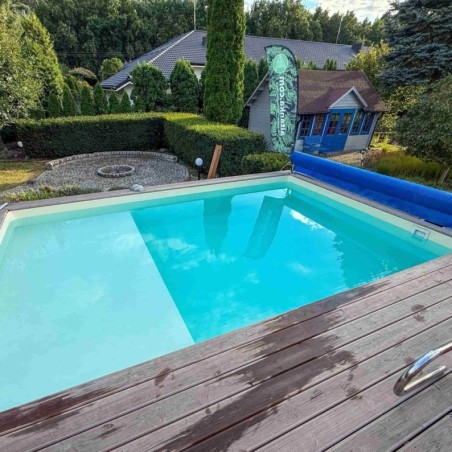 Zwembad AQUA 8.5 x 4.35 – H.1.45 m met strand, grijs, met beugels vastgeschroefd aan beton
