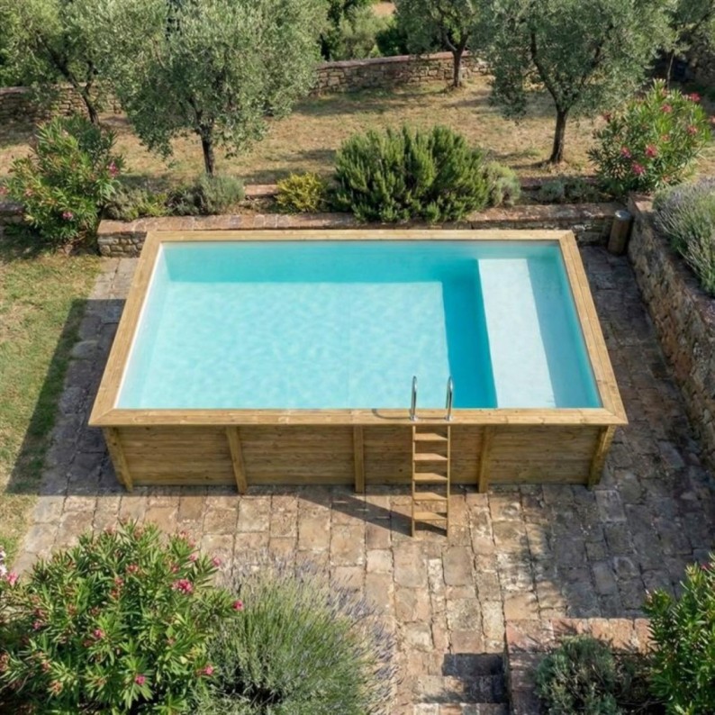 Zwembad AQUA 8.5 x 4.35 – H.1.45 m met strand, zand, met beugels vastgeschroefd aan beton