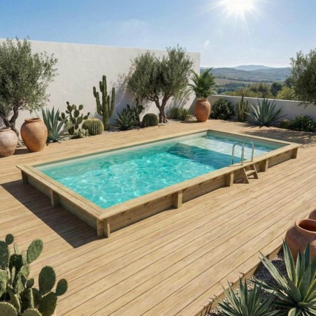 Zwembad AQUA 8.5 x 4.35 – H.1.45 m met strand, zand, met beugels vastgeschroefd aan beton