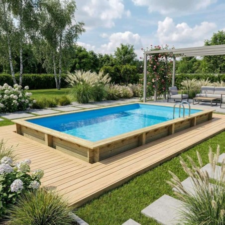Zwembad AQUA 8.5 x 4.35 – H.1.45 m met strand, lichtblauw, op een frame - zonder betonnering