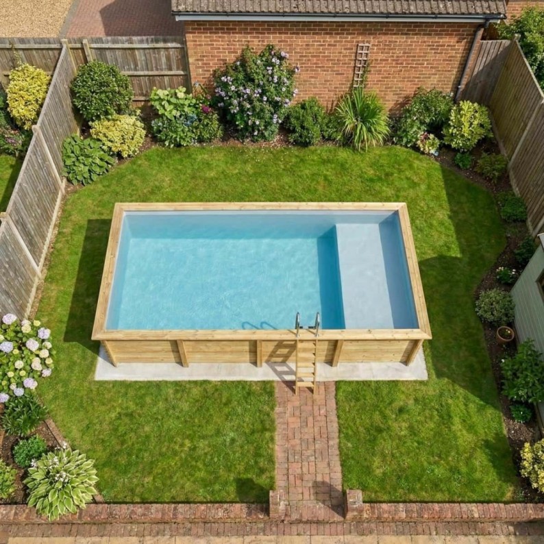 Zwembad AQUA 8.5 x 4.35 – H.1.45 m met strand, grijs, op een frame - zonder betonnering