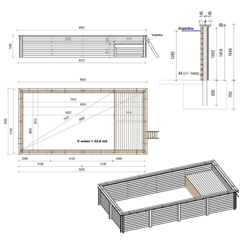 Zwembad AQUA 8.5 x 4.35 – H.1.45 m met strand, zand, op een frame - zonder betonnering