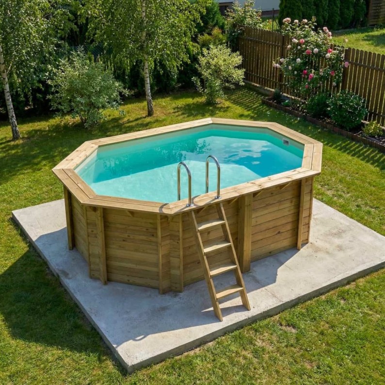 Zwembad NEMO 4.3 x 3 – H.1.31 m, zand, met beugels vastgeschroefd aan beton