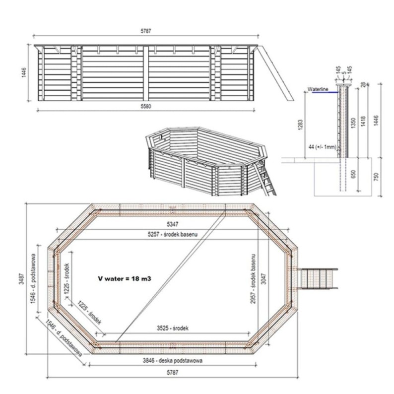 Zwembad NEMO 5.79 x 3.49 – H.1.45 m, grijs, met in te betonneren steunen