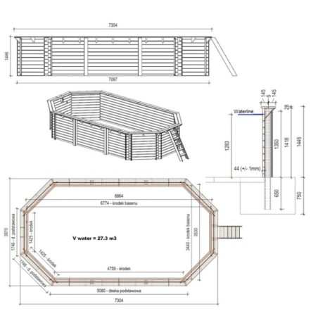 Zwembad NEMO 7.3 x 3.97 – H.1.45 m, grijs, met in te betonneren steunen