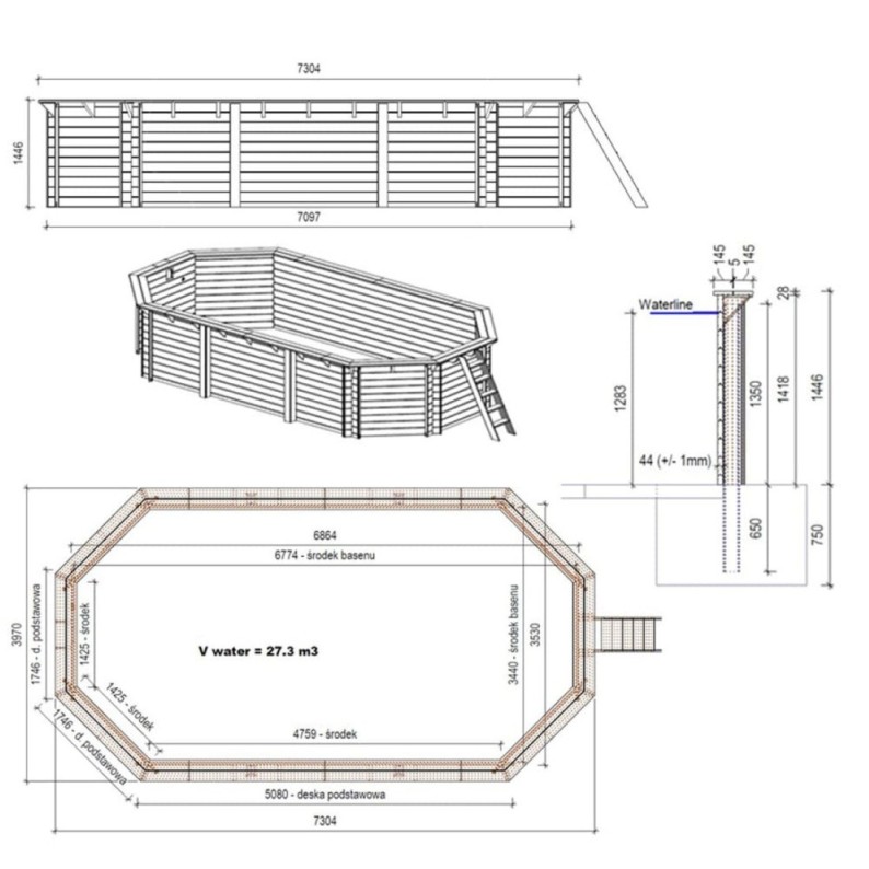 Zwembad NEMO 7.3 x 3.97 - H.1.45 m, zand, op een frame - zonder betonnering