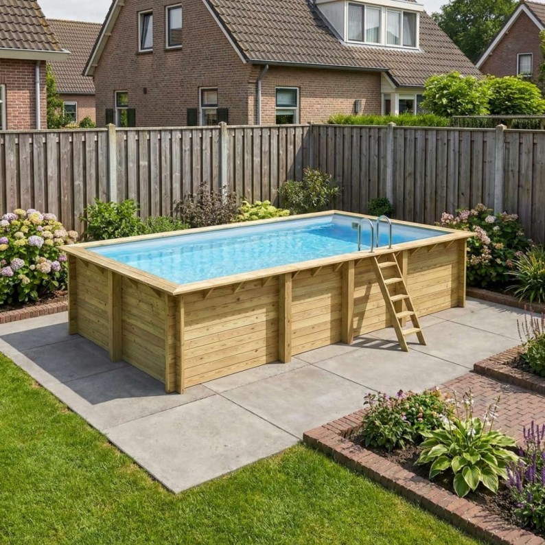 Zwembad AQUA 7 x 3.75 – H.1.45 m, grijs, met beugels vastgeschroefd aan beton