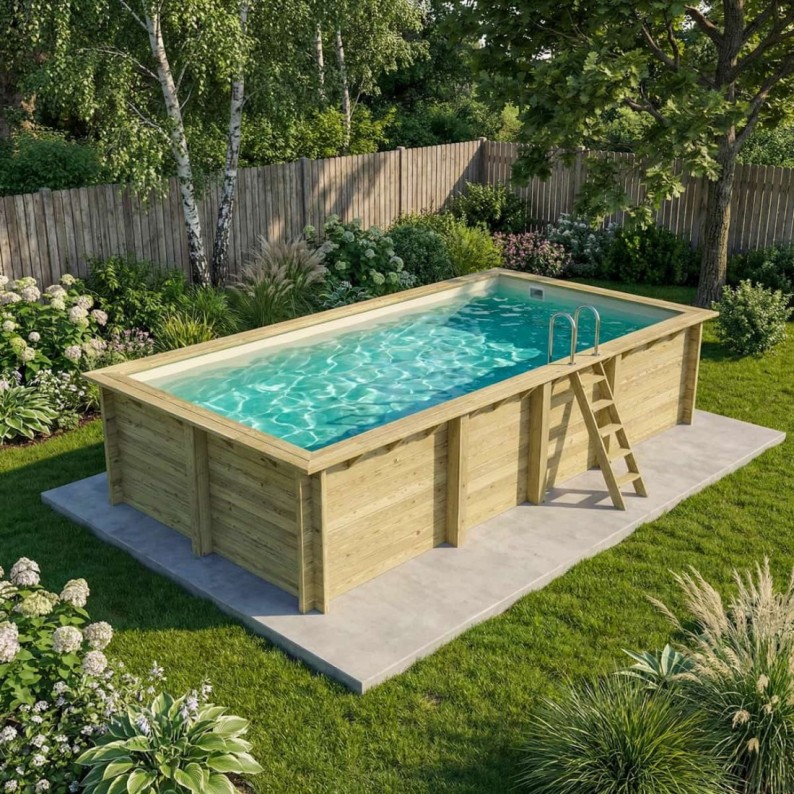 Zwembad AQUA 7 x 3.75 – H.1.45 m, zand, met beugels vastgeschroefd aan beton