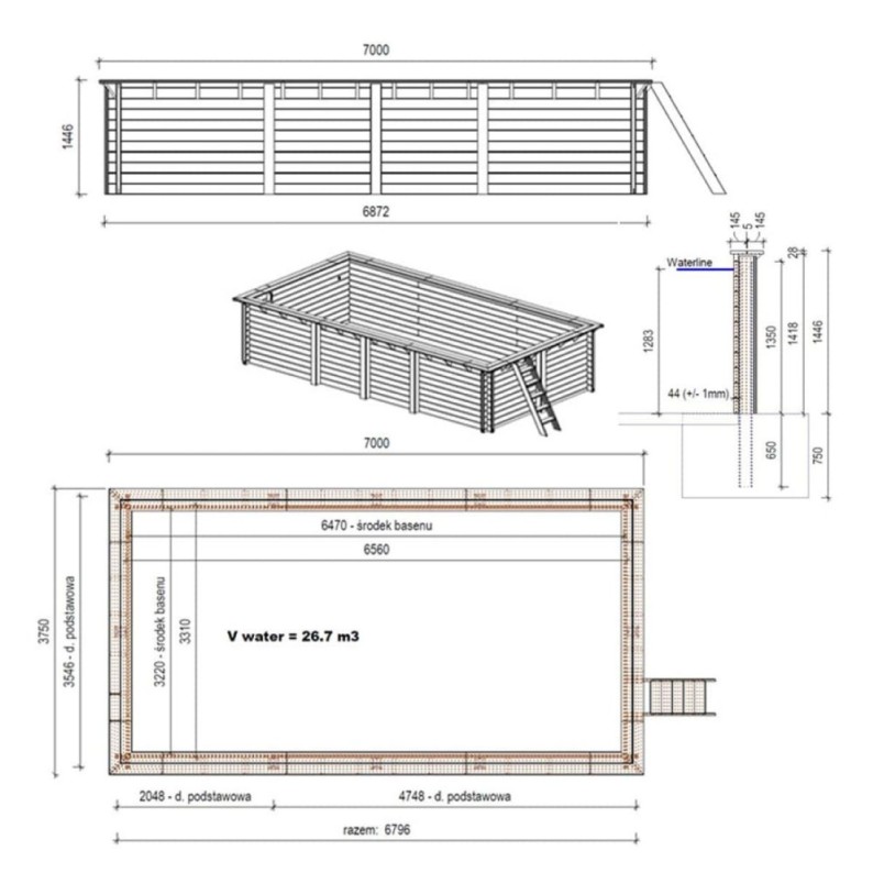 Zwembad AQUA 7 x 3.75 - H.1.45 m, grijs, op een frame - zonder betonnering