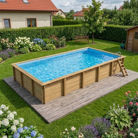 Zwembad AQUA 10.2 x 5.2 – H.1.45 m, lichtblauw, met beugels vastgeschroefd aan beton