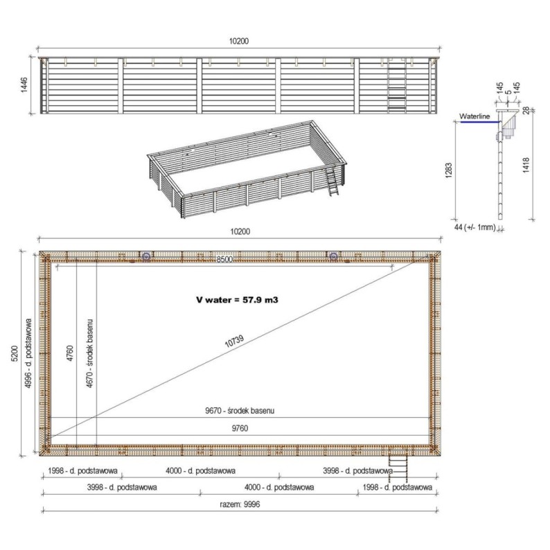 Zwembad AQUA 10.2 x 5.2 – H.1.45 m, grijs, met beugels vastgeschroefd aan beton
