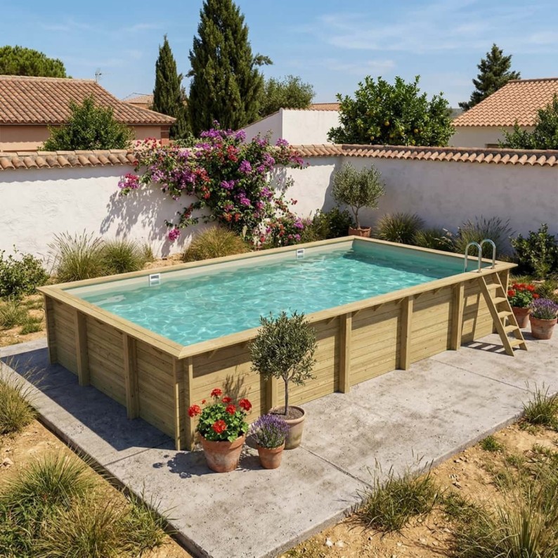 Zwembad AQUA 10.2 x 5.2 – H.1.45 m, zand, met beugels vastgeschroefd aan beton