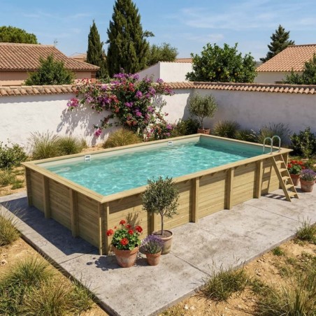 Zwembad AQUA 10.2 x 5.2 – H.1.45 m, zand, met beugels vastgeschroefd aan beton