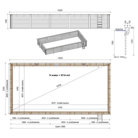Zwembad AQUA 10.2 x 5.2 - H.1.45 m, grijs, op een frame - zonder betonnering