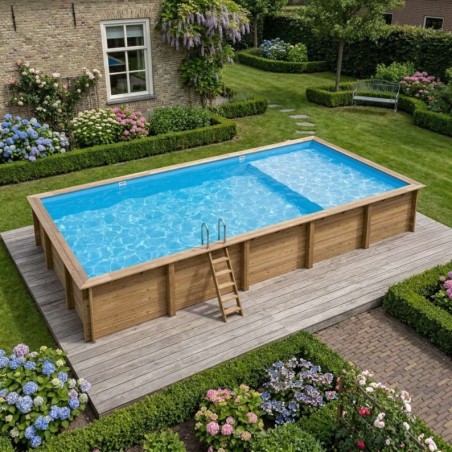 Zwembad AQUA 10.2 x 5.2 – H.1.45 m met strand, lichtblauw, met in te betonneren steunen