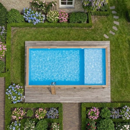 Zwembad AQUA 10.2 x 5.2 – H.1.45 m met strand, lichtblauw, met in te betonneren steunen