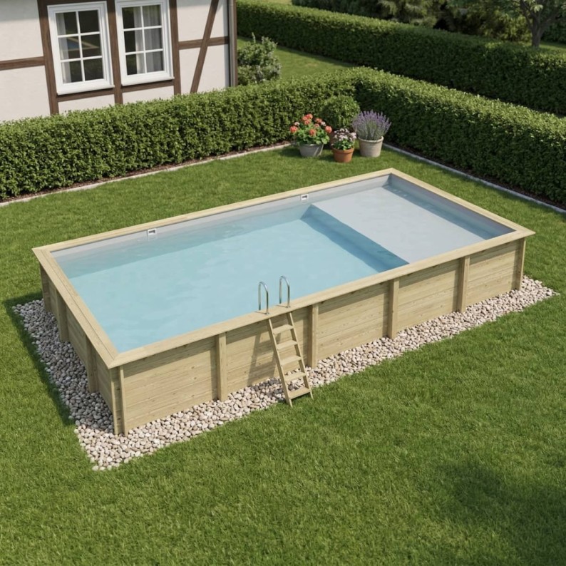 Zwembad AQUA 10.2 x 5.2 – H.1.45 m met strand, grijs, met in te betonneren steunen