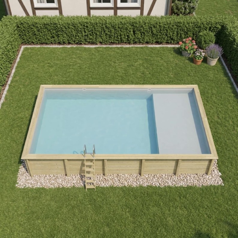 Zwembad AQUA 10.2 x 5.2 – H.1.45 m met strand, grijs, met in te betonneren steunen