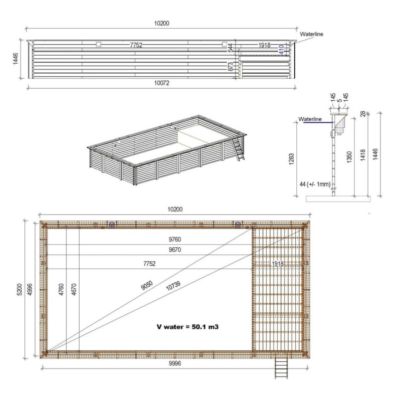 Zwembad AQUA 10.2 x 5.2 – H.1.45 m met strand, grijs, met in te betonneren steunen