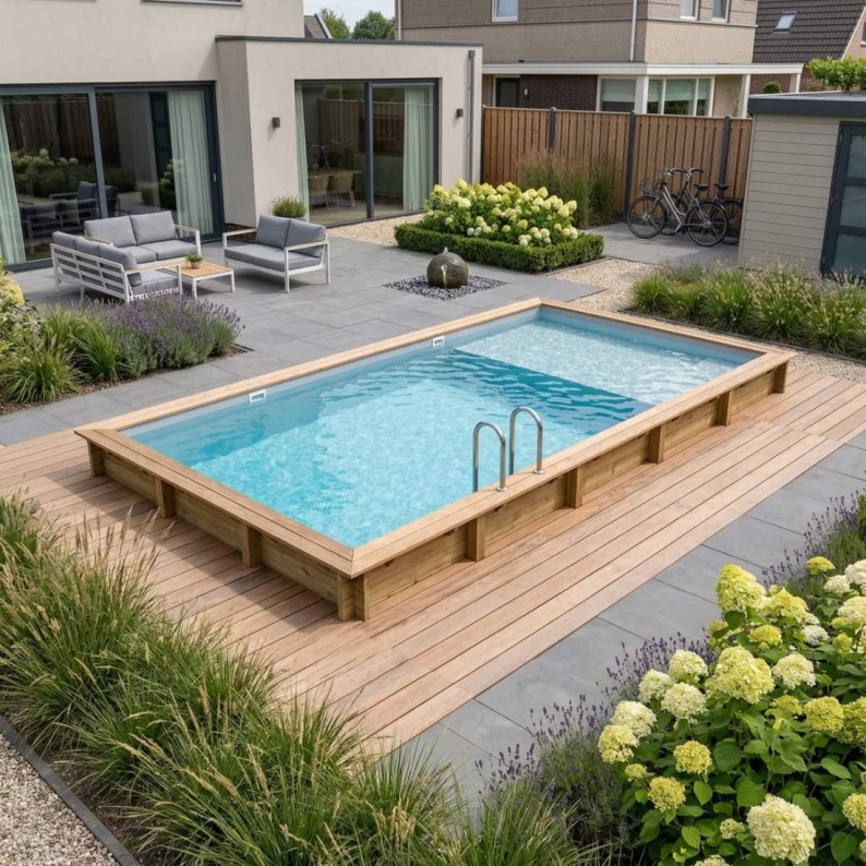 Zwembad AQUA 10.2 x 5.2 – H.1.45 m met strand, grijs, met in te betonneren steunen