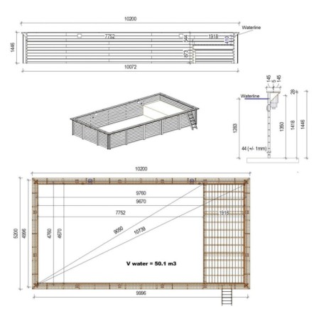 Zwembad AQUA 10.2 x 5.2 – H.1.45 m met strand, zand, met in te betonneren steunen