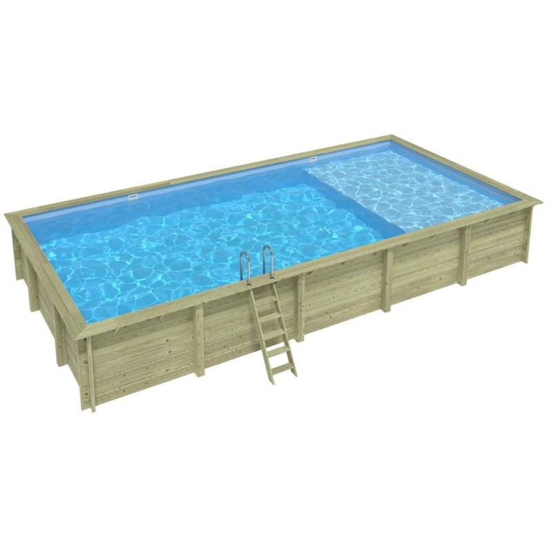 Zwembad AQUA 10.2 x 5.2 – H.1.45 m met strand, lichtblauw, met beugels vastgeschroefd aan beton
