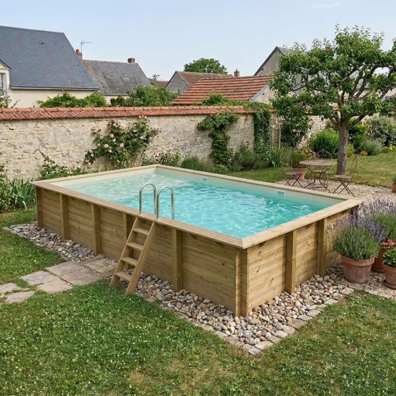 Zwembad AQUA 10.2 x 5.2 – H.1.45 m met strand, zand, met beugels vastgeschroefd aan beton