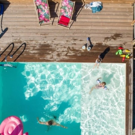 Zwembad AQUA 10.2 x 5.2 – H.1.45 m met strand, zand, met beugels vastgeschroefd aan beton