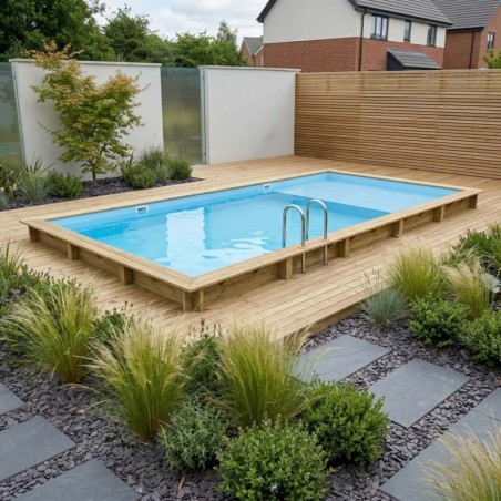Zwembad AQUA 10.2 x 5.2 – H.1.45 m met strand, lichtblauw, op een frame - zonder betonnering
