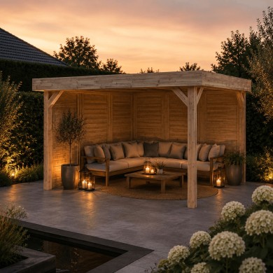 Luxe houten overkapping 400x400 cm met zij- en achterwand
