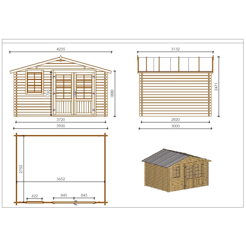 Houten tuinhuis 11.7 m² - 3.9x3 m - 34 mm