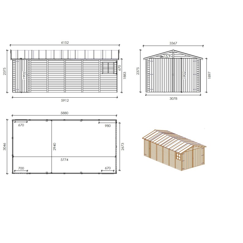 Houten garage 18.19 m² - 3.05x5.91 m - 18 mm - Kleur: transparant