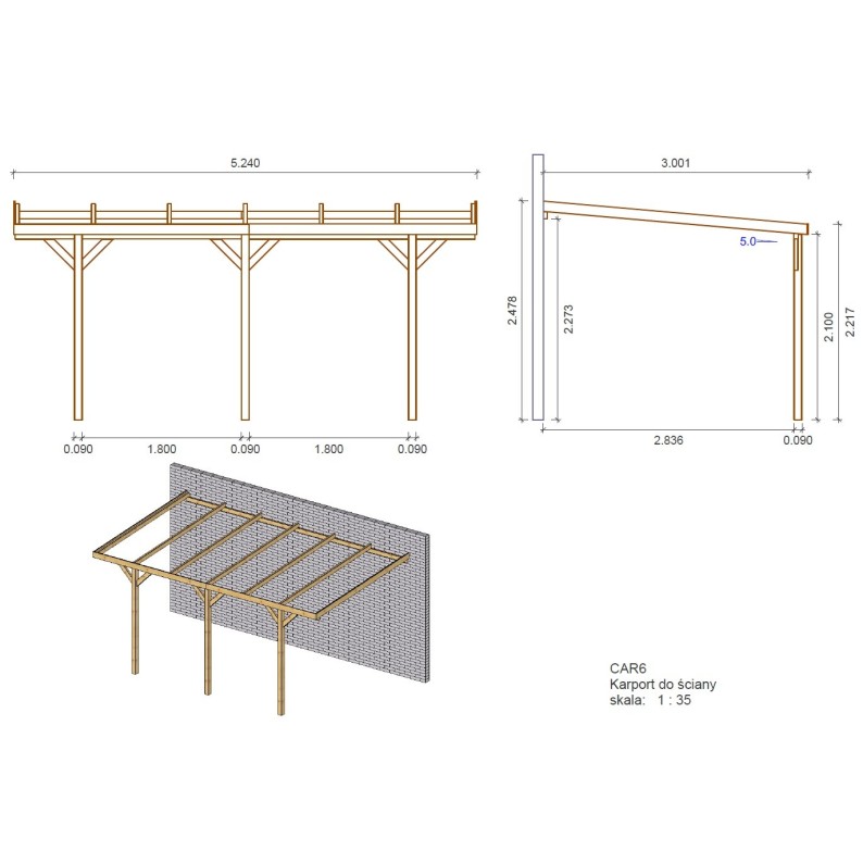 Carport, garageschuilplaats - 3x5.24 m - 15 m² - gemonteerd aan de muur van het gebouw