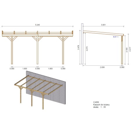 Carport, garageschuilplaats - 3x5.24 m - 15 m² - gemonteerd aan de muur van het gebouw
