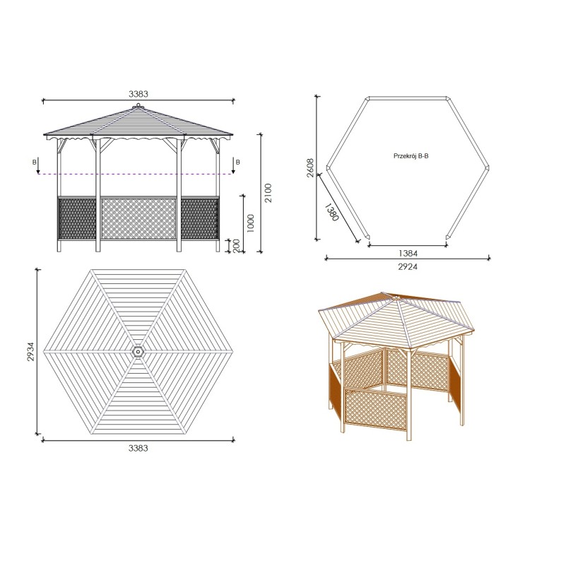 Tuinprieel / zonwerende overkapping 3.38x2.79 m – geïmpregneerd