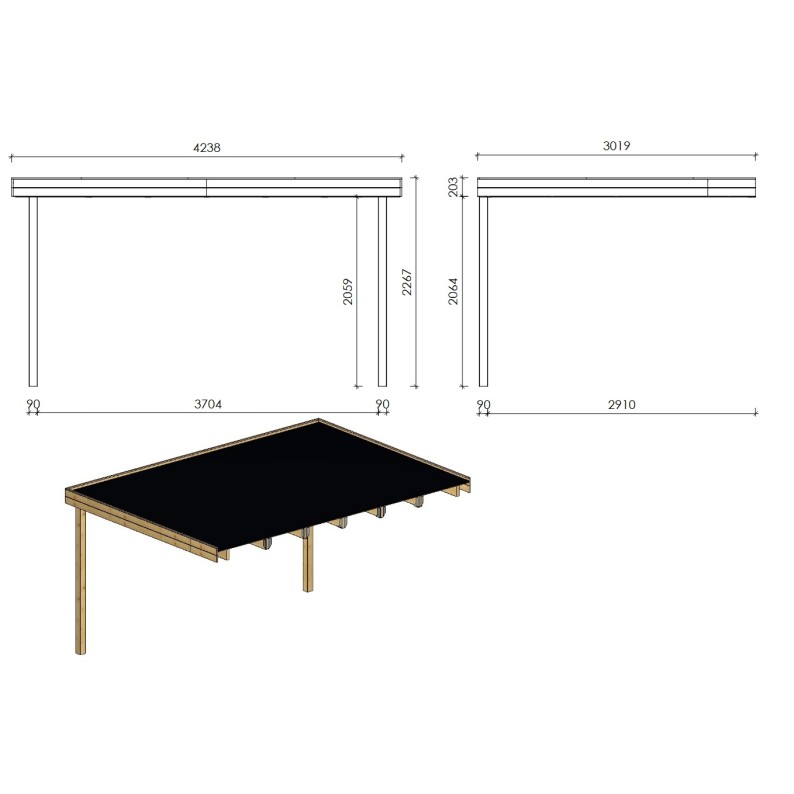 Overkapping voor veranda/terras van het huisje 3.88x3 m – geïmpregneerd