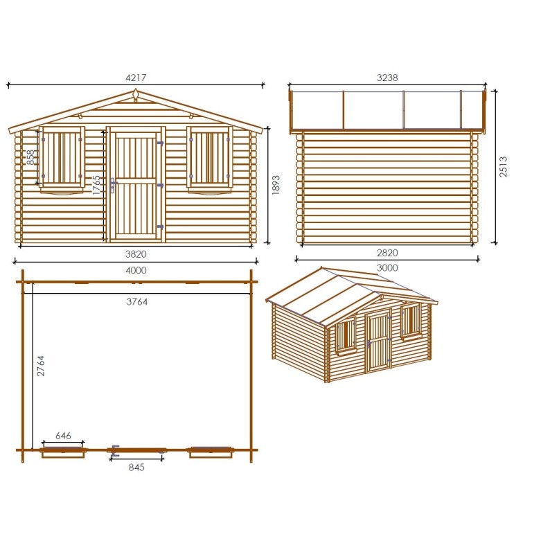Tuinhuis Wenen 400x300 cm | Bruin geïmpregneerd | Enkele deur