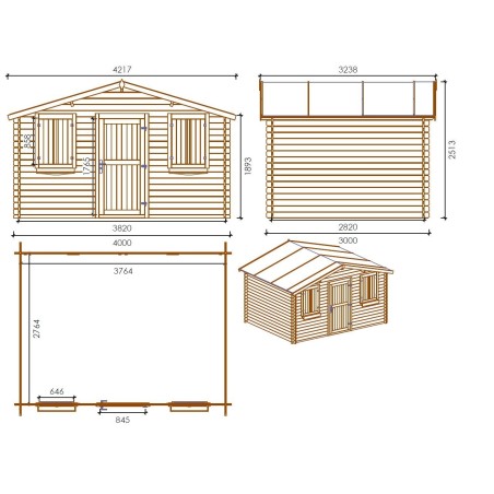 Tuinhuis Wenen 400x300 cm | Bruin geïmpregneerd | Enkele deur