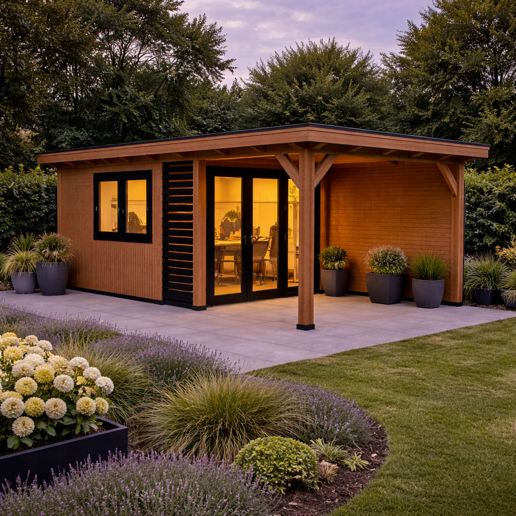 Tuinwoning bij avondlicht